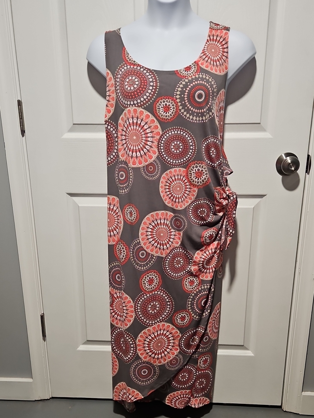 Robbie Bee Plus Size 3X Coral Gray Medallion Geometric Maxi Faux Wrap Dress